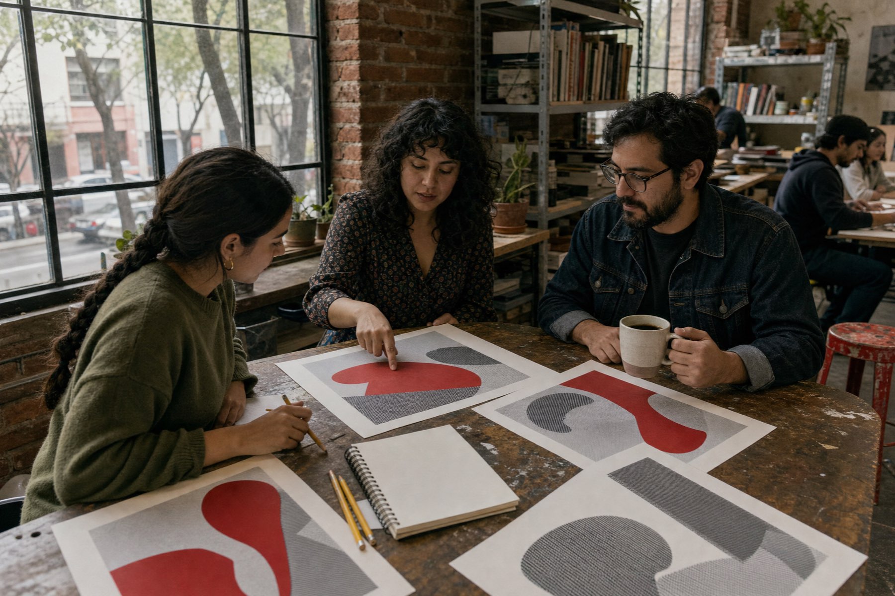 Equipo creativo revisa impresiones de una campaña extendidas sobre una mesa grande.