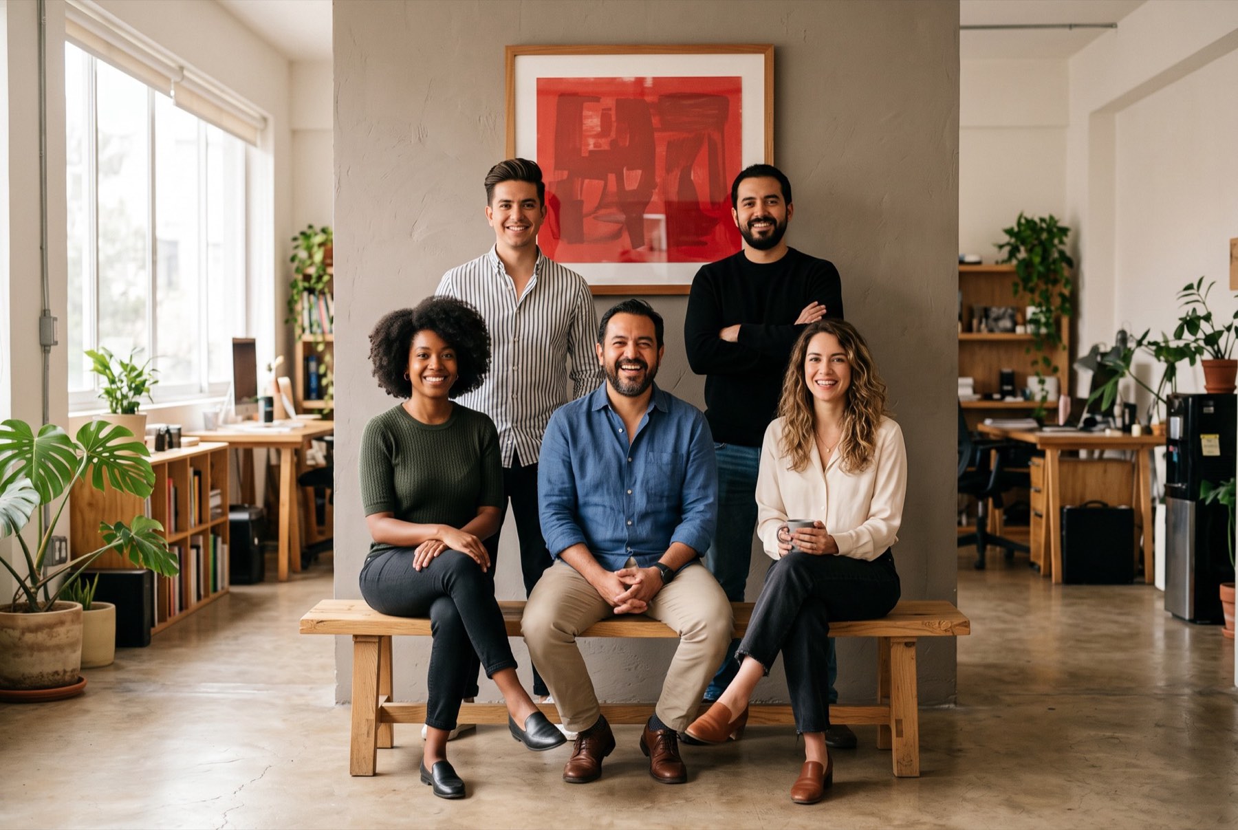 El equipo de SOCITAM posa relajado en el estudio frente a una obra gráfica roja.