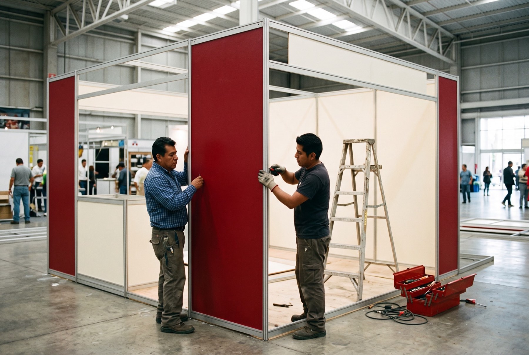 Dos técnicos montan un stand modular con paneles rojos en un recinto de exposiciones.
