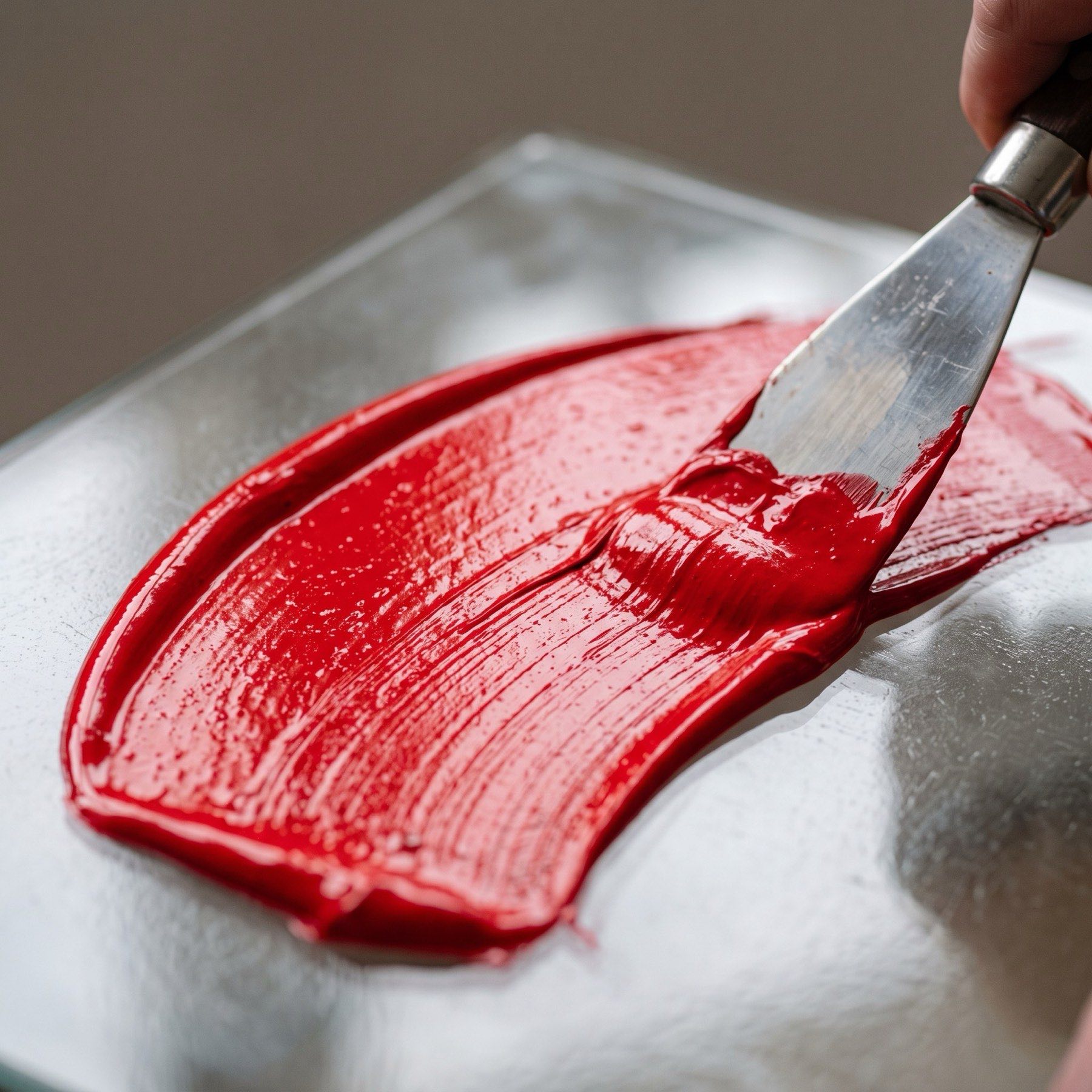Espátula extendiendo tinta serigráfica roja sobre una placa de vidrio.